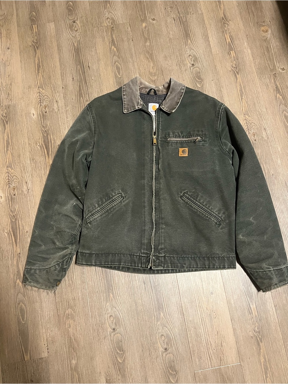 Carhartt Olive Green Duck Canvas Work Jacket with Brown Corduroy Collar